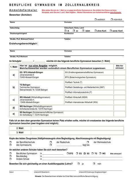 Neues Anmeldeformular 2013 - kaufmännische Schule Hechingen