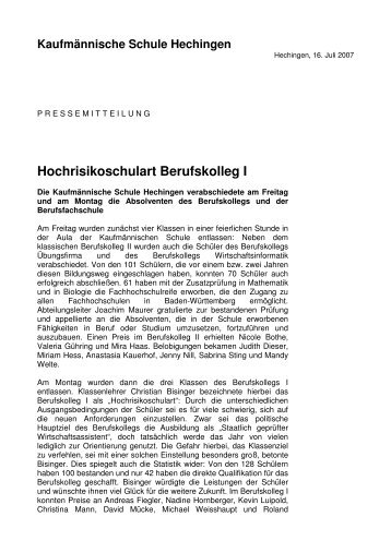 Hochrisikoschulart Berufskolleg I - kaufmännische Schule Hechingen