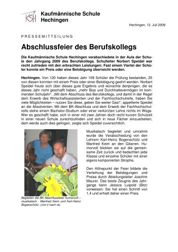 Abschlussfeier des Berufskollegs - kaufmännische Schule Hechingen