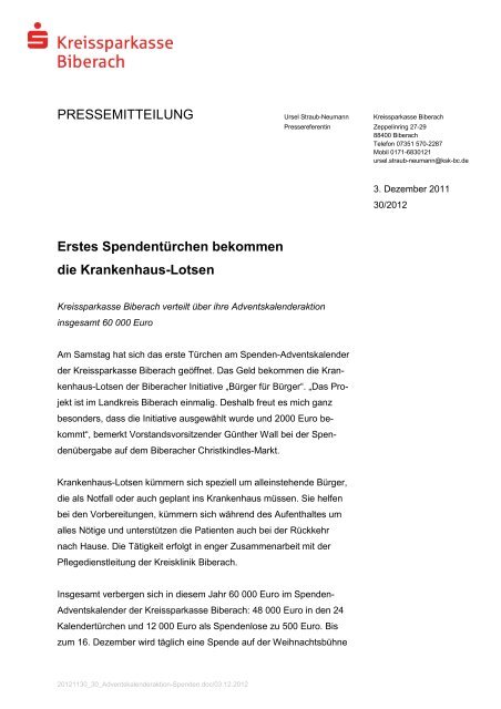 PRESSEMITTEILUNG Erstes Spendentürchen bekommen die ...