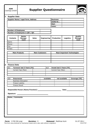 Supplier Questionnaire - KSM Castings