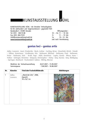 Ausstellungsliste genius loci - genius artis  - Kunstausstellung Kühl