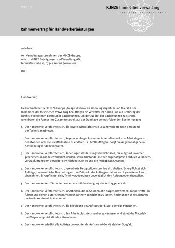 Rahmenvertrag Für Handwerker Kunze Immobilienverwaltung