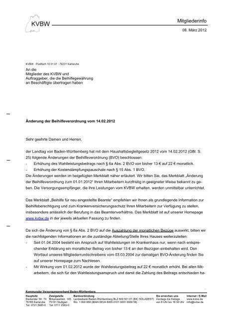 Änderung der Beihilfeverordnung vom 14.02.2012 - Kommunaler ...