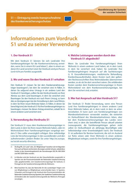 Informationen zum Vordruck S1 und zu seiner Verwendung