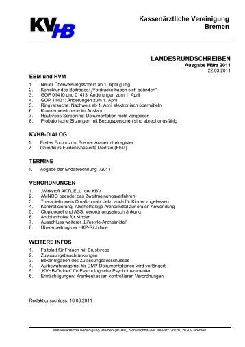 Landesrundschreiben März 2011 inklusiv Anlagen - KVHB