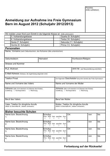Anmeldung zur Aufnahme ins Freie Gymnasium Bern im ... - fgb.ch
