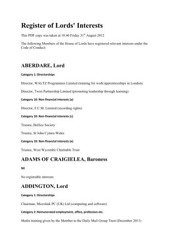 Register of Lords' Interests - Parliament