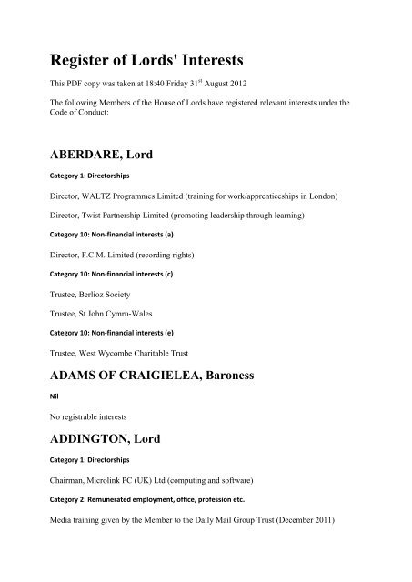Register of Lords' Interests - Parliament