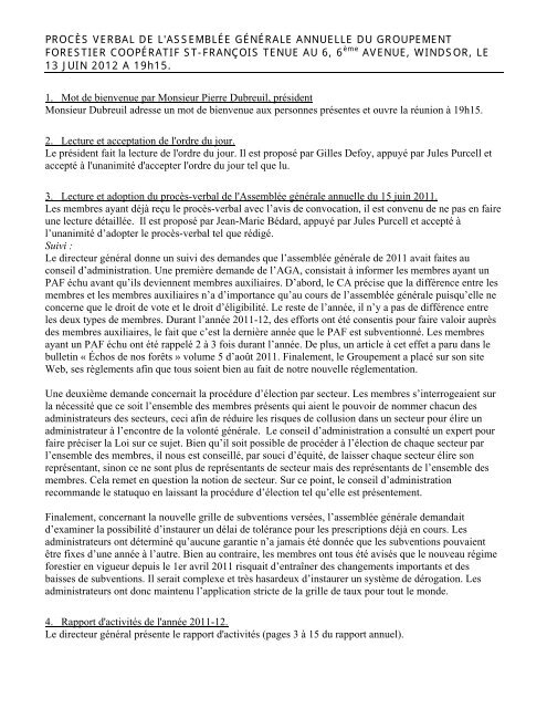 Procès verbal AGA 13 juin 2012 - Groupement forestier coopératif St ...