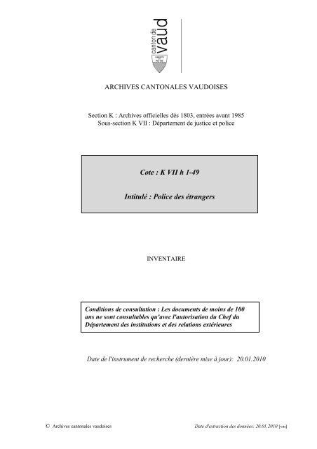 K VII h 1-49 Intitulé - Inventaires des Archives Cantonales Vaudoises