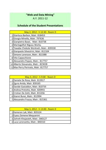 Schedule of the Student Presentations "Web and Data Mining" A.Y. ...