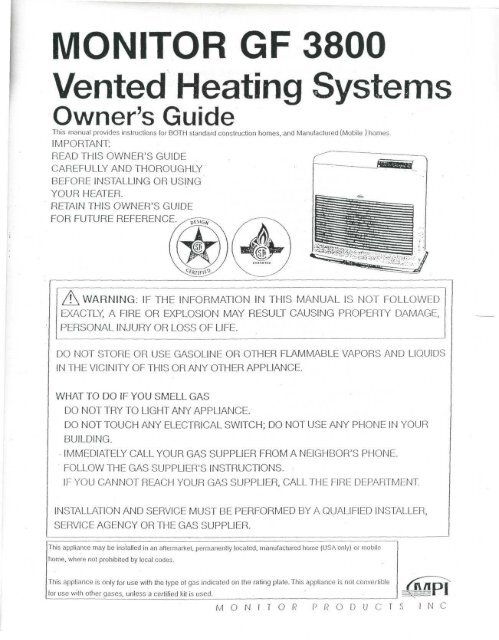 MONITOR GF 3800 Vented Heating Systems - HouseNeeds, Inc.