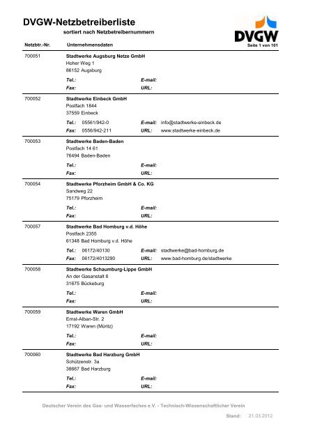 DVGW-Netzbetreiberliste - DVGW Service & Consult GmbH
