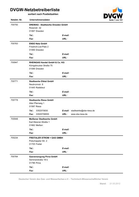 DVGW-Netzbetreiberliste - DVGW Service & Consult GmbH