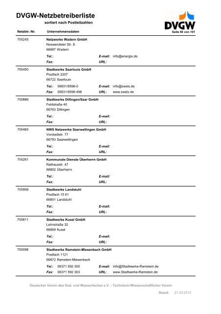 DVGW-Netzbetreiberliste - DVGW Service & Consult GmbH