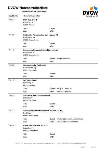 DVGW-Netzbetreiberliste - DVGW Service & Consult GmbH