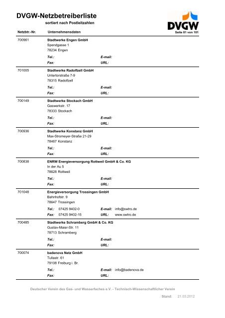 DVGW-Netzbetreiberliste - DVGW Service & Consult GmbH