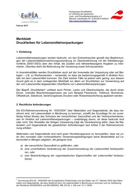 Merkblatt Druckfarben für Lebensmittelverpackungen - Eupia