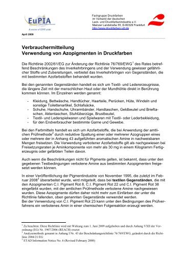 Verbrauchermitteilung Verwendung von Azopigmenten in Druckfarben