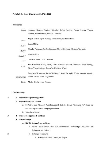Protokoll der Stupa Sitzung vom 16. März 2010 Anwesend: Jusos ...