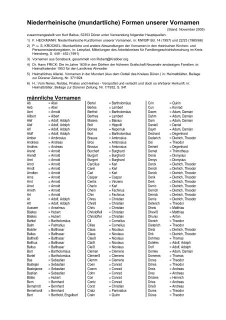 Niederrheinische Kurzformen unserer Vornamen - genealogy4you