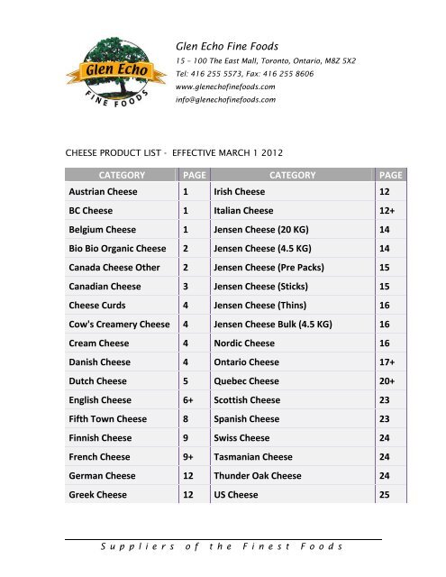 Cheese product list - Glen Echo Fine Foods