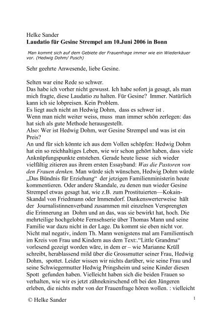 Helke Sander Laudatio für Gesine Strempel am 10.Juni 2006 in ...