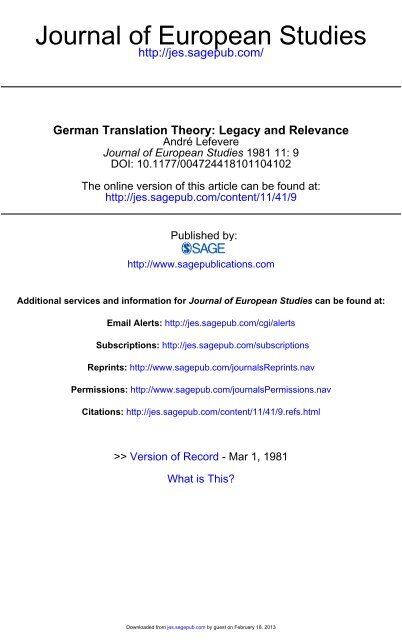German Translation Theory: Legacy and Relevance ANDR&Eacute