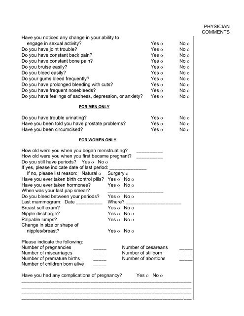 Health & Medical History Form - Comprehensive Blood & Cancer ...