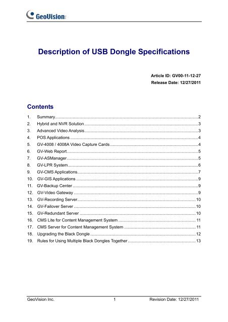 GeoVision USB Dongle Specifications.