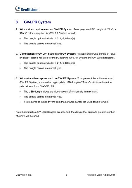 GeoVision USB Dongle Specifications.