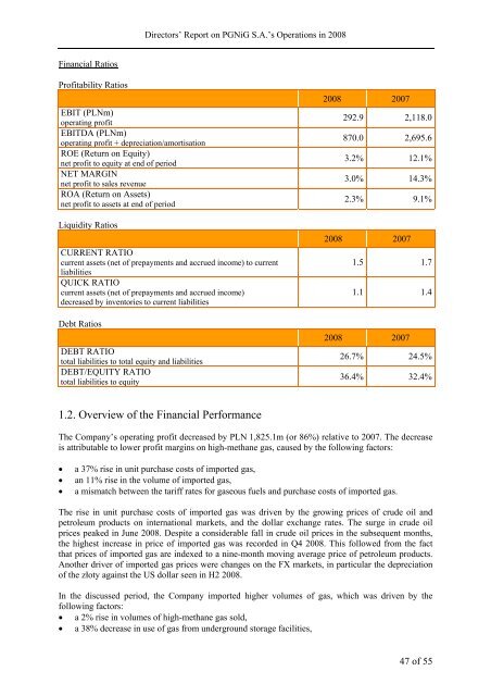 DIRECTORS' REPORT ON PGNiG SA'S OPERATIONS ... - Notowania