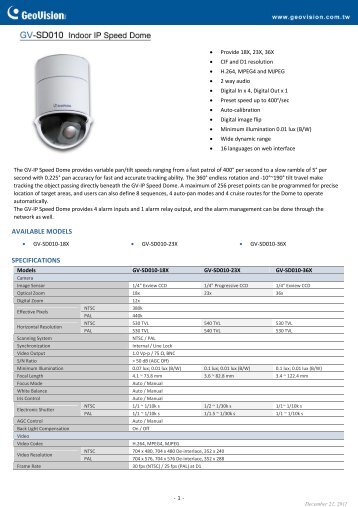 Geovision GV-SD010-18X Speed Dome Specification - Surveillance ...